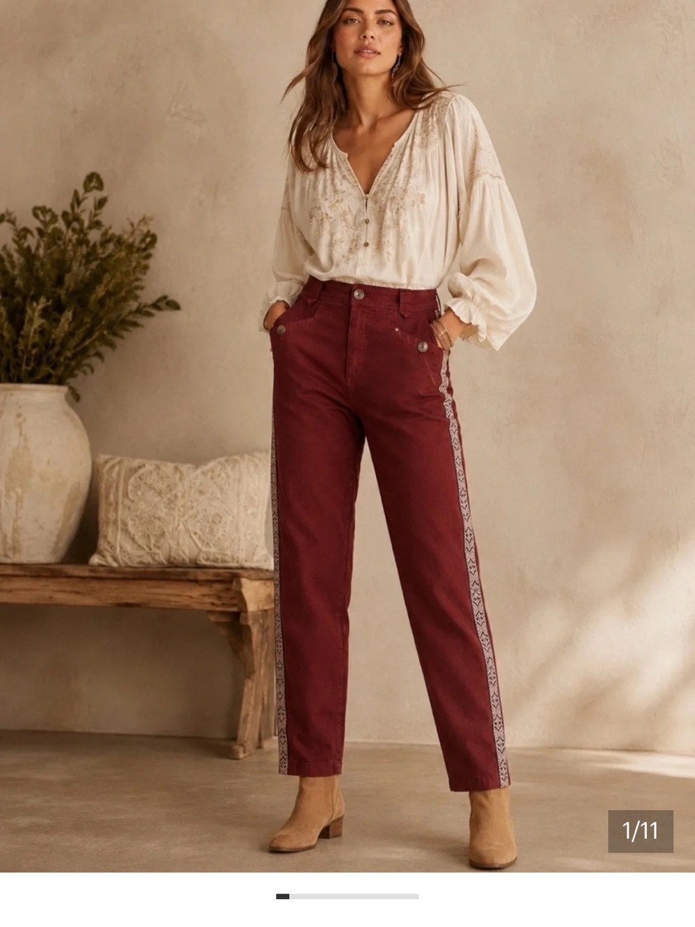 Anthropologie Burgundy Straight-Leg Pants with Embroidered Side Trim Sz 4